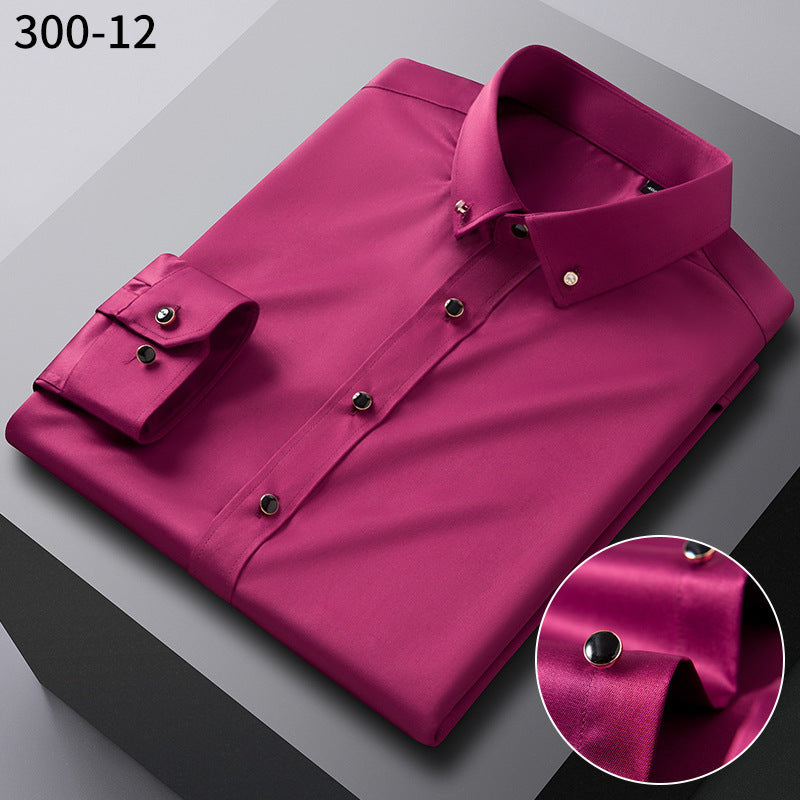 British Style Silk Rhinestone Solid Color Business Slim Shirt