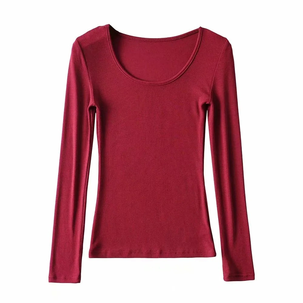 Round Neck Stretch Slim Fit Long-sleeved T-shirt Women