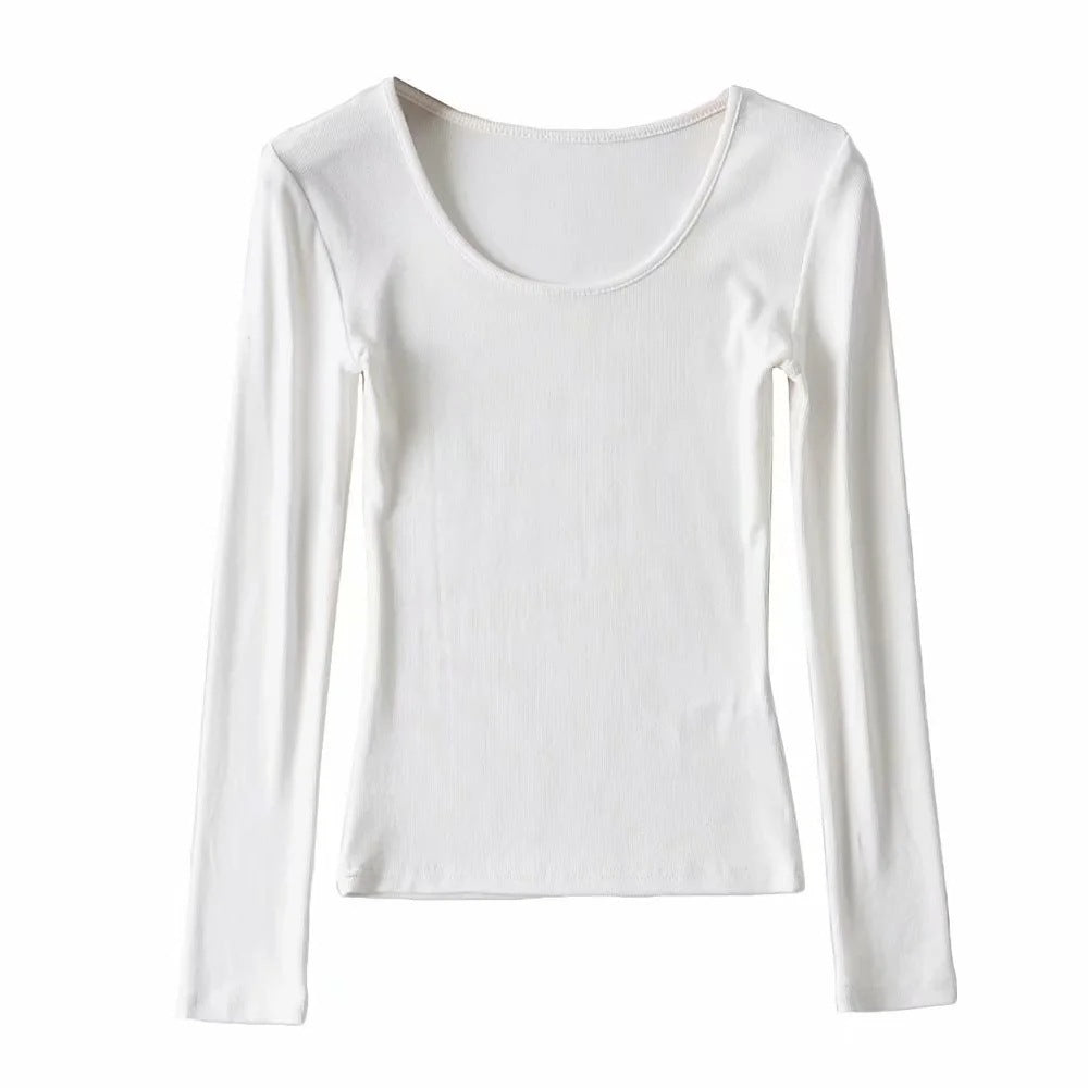 Round Neck Stretch Slim Fit Long-sleeved T-shirt Women