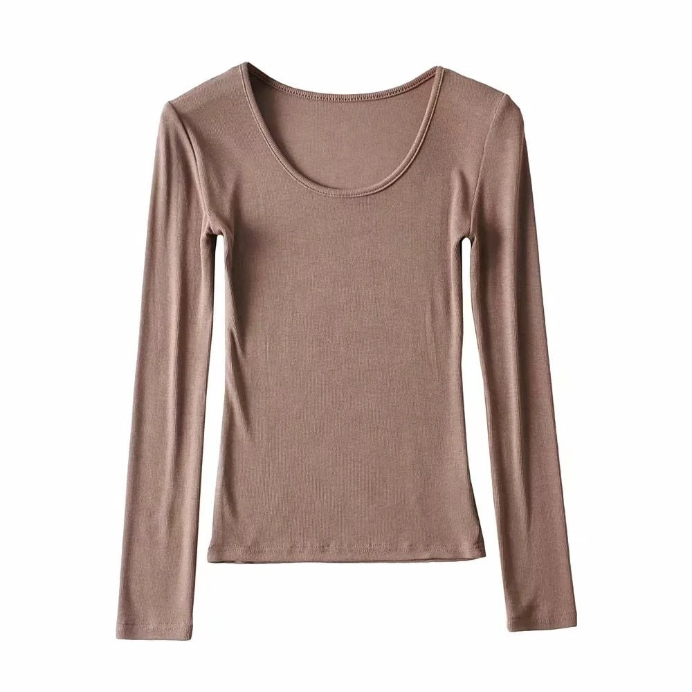 Round Neck Stretch Slim Fit Long-sleeved T-shirt Women