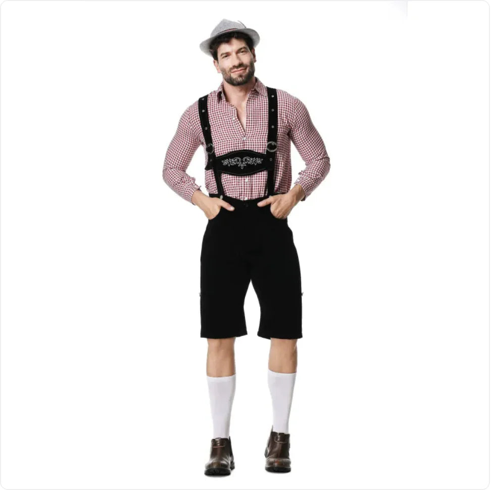 Men’s Oktoberfest costume with plaid shirt, black bib shorts, and hat.