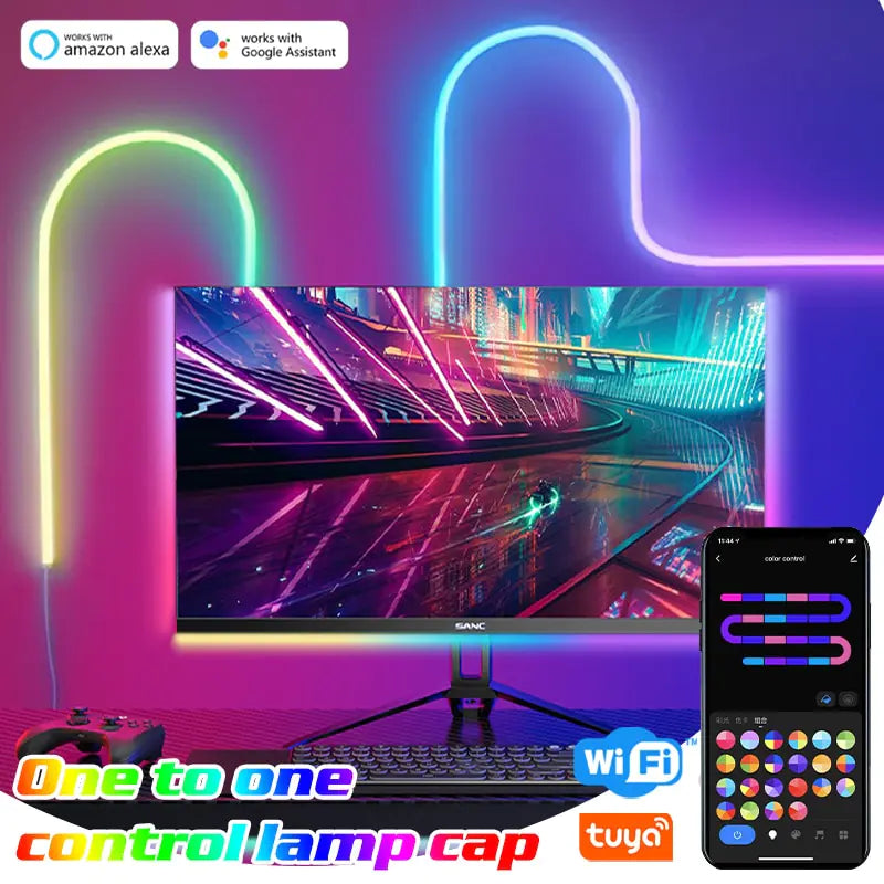 Barra de luz LED de neón RGB con WiFi, aplicación y control por voz, sincronización de música: ideal para retroiluminación de TV y decoración de habitaciones
