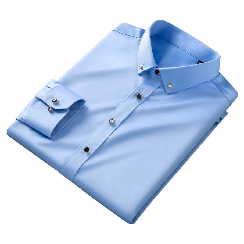 British Style Silk Rhinestone Solid Color Business Slim Shirt
