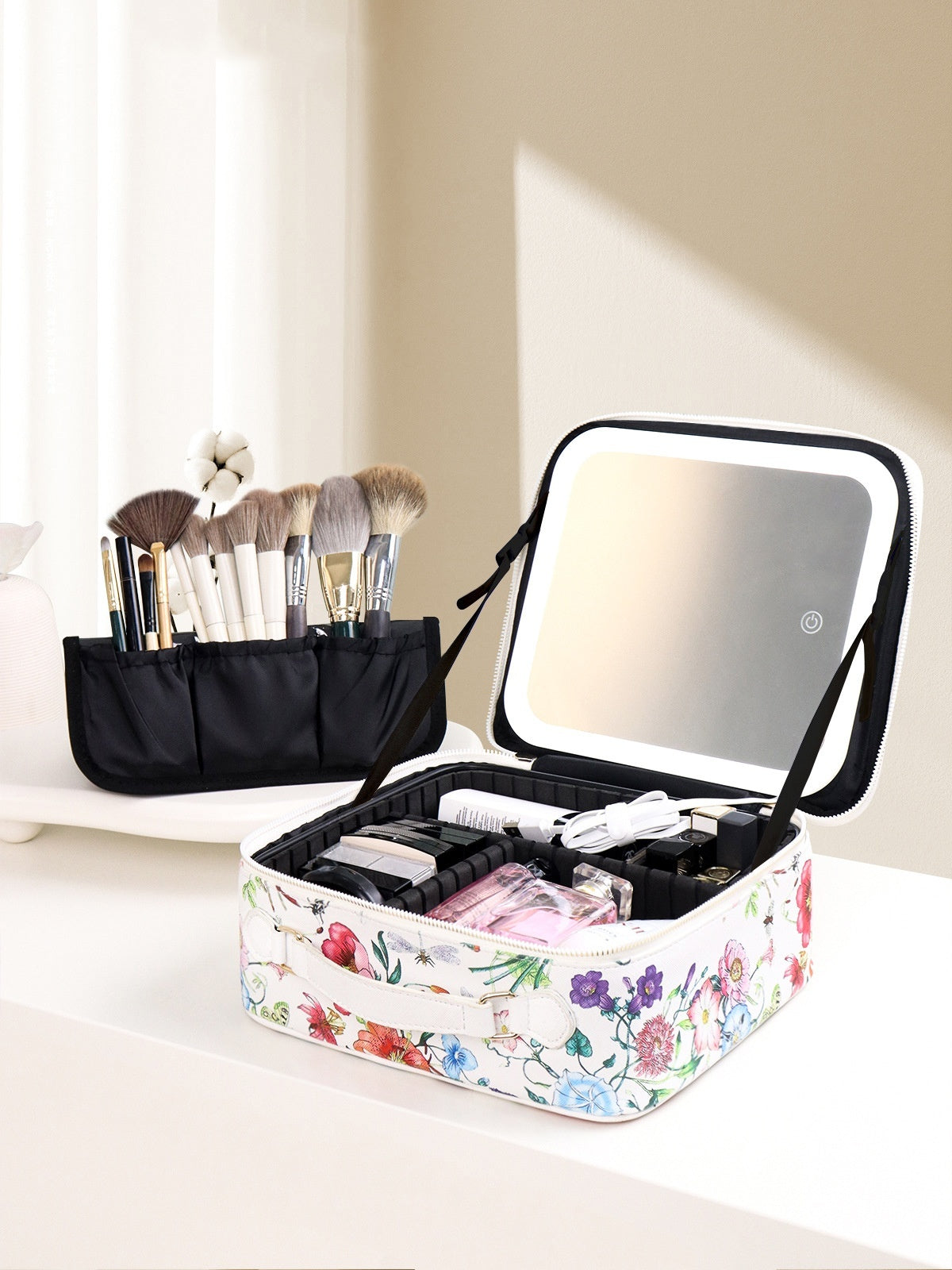 Portable Cosmetics Storage Box With Light And Mirror