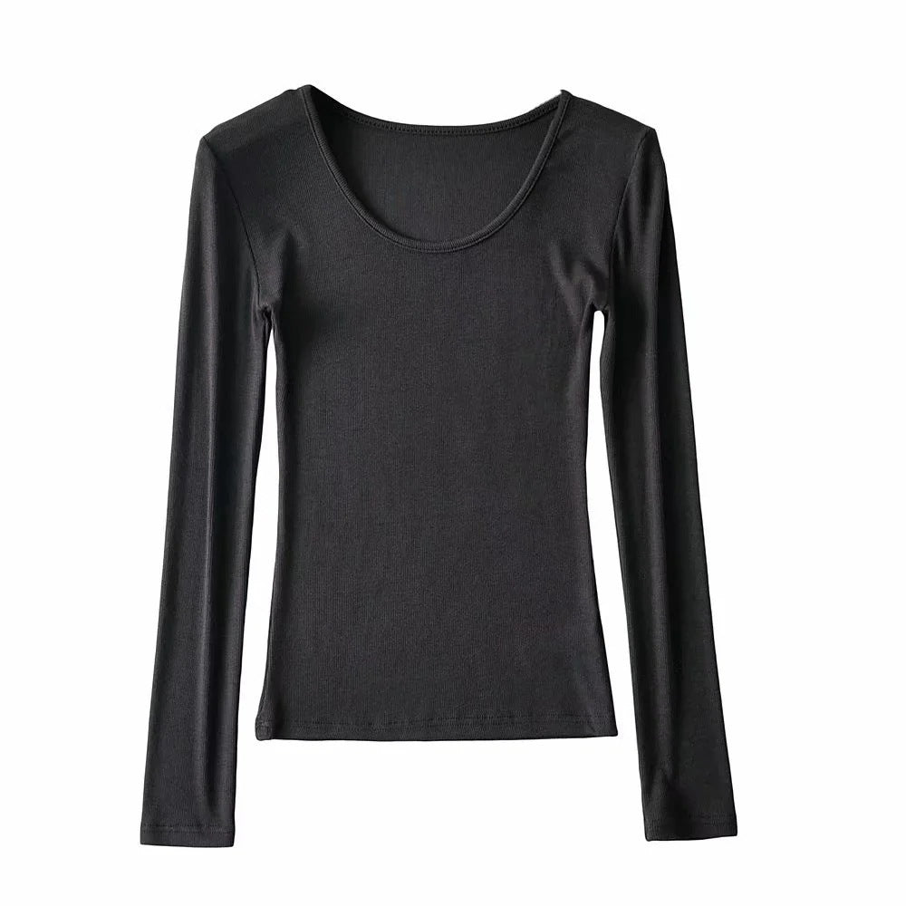 Round Neck Stretch Slim Fit Long-sleeved T-shirt Women