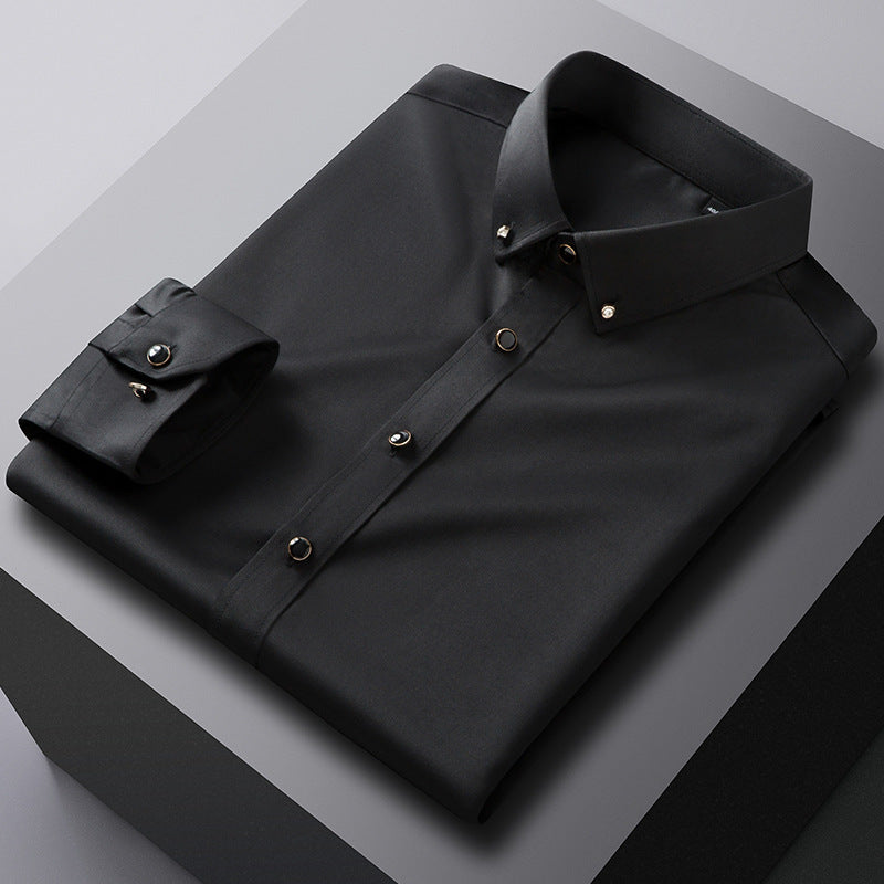 British Style Silk Rhinestone Solid Color Business Slim Shirt