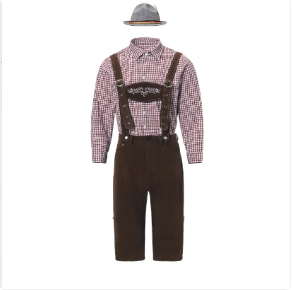 Men’s Oktoberfest Costume set with plaid shirt, brown bib shorts, and hat in polyester fabric.