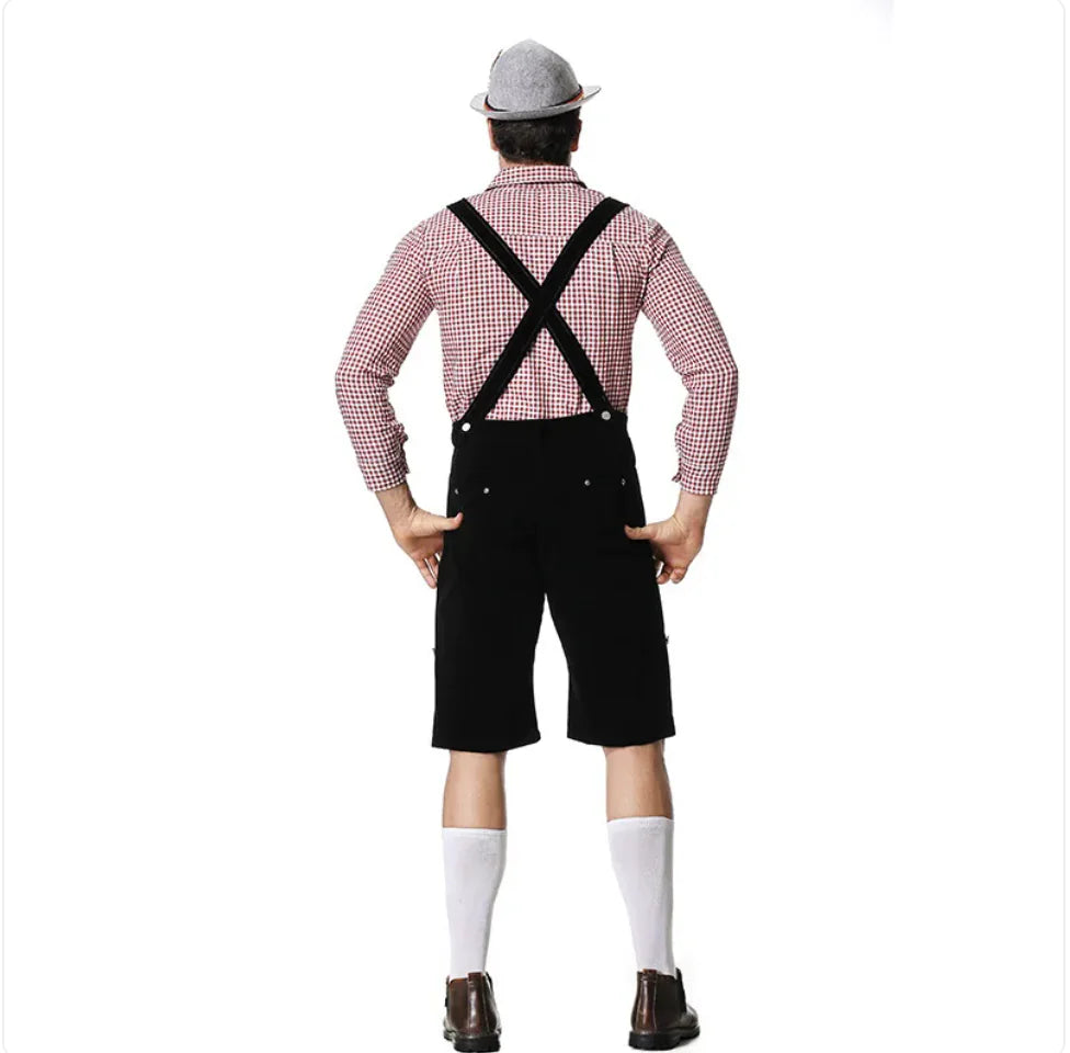Men's Oktoberfest costume with plaid shirt, black bib shorts, hat, and suspenders.
