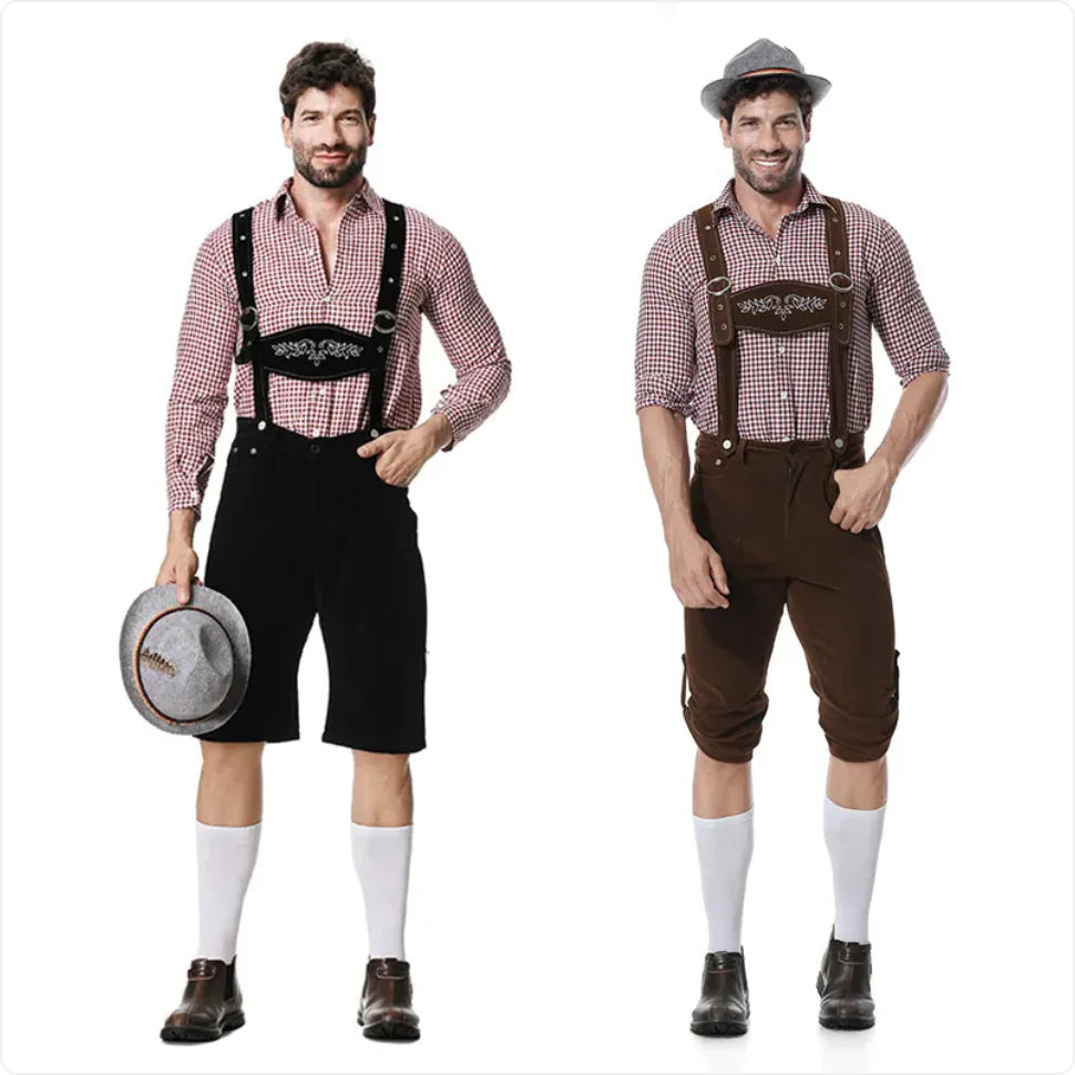 Men’s Oktoberfest costume with plaid shirt, bib shorts, suspenders, and hat; available in brown and black.