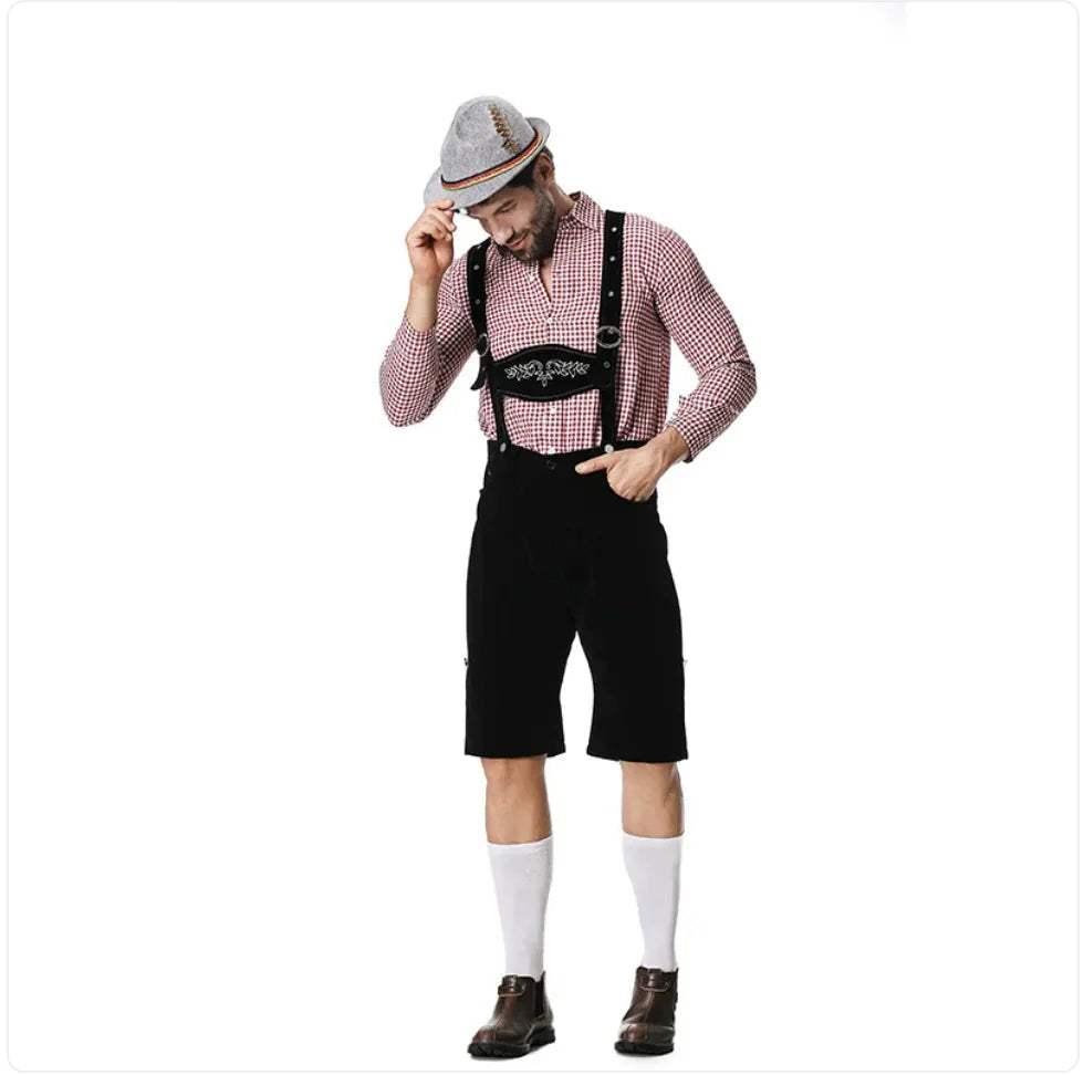 Men’s Oktoberfest Costume with plaid shirt, black bib shorts, and hat.