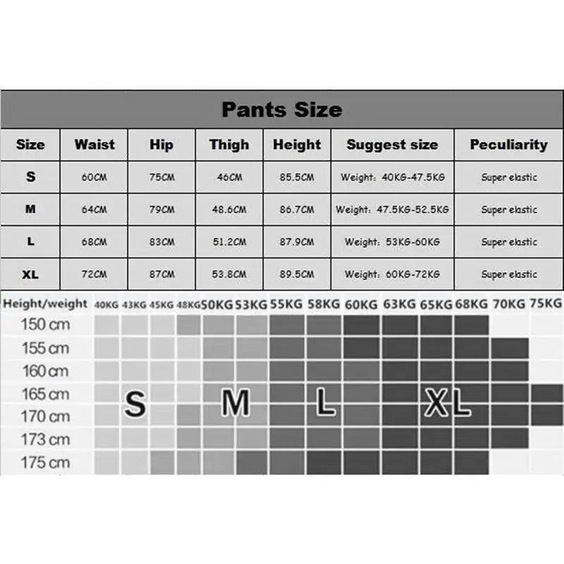 Size chart for Paint Splatter 90s Yoga Pants, showing waist, hip, thigh measurements, and suggested sizes for S, M, L, XL with weight and height guidelines.
