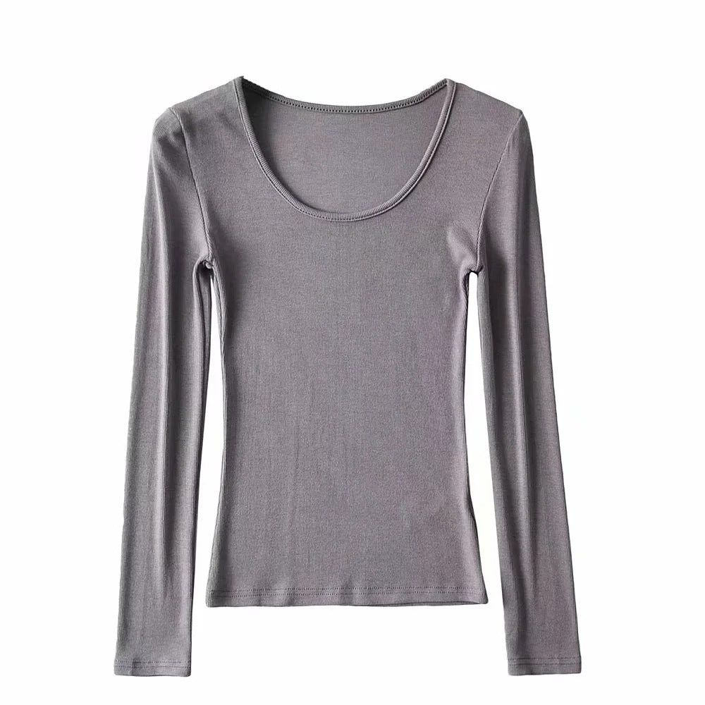 Round Neck Stretch Slim Fit Long-sleeved T-shirt Women