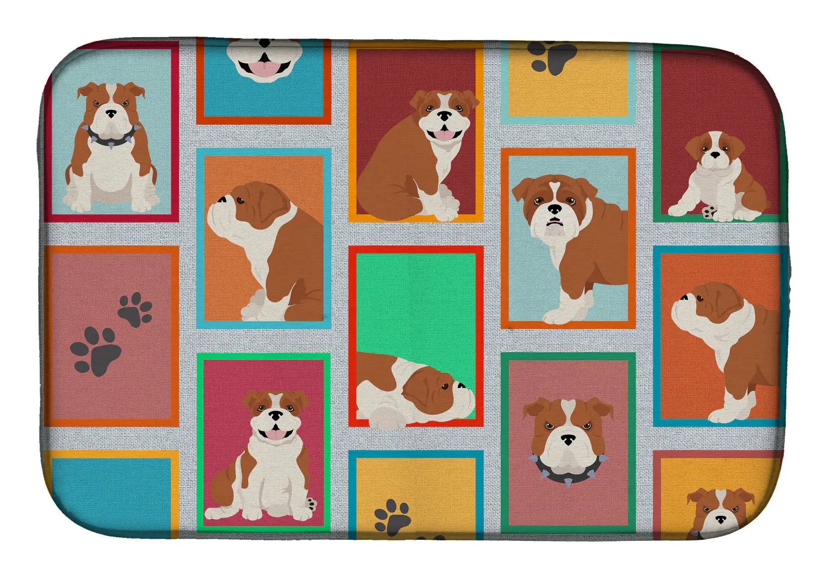 Lots of Red and White English Bulldog Dish Drying Mat