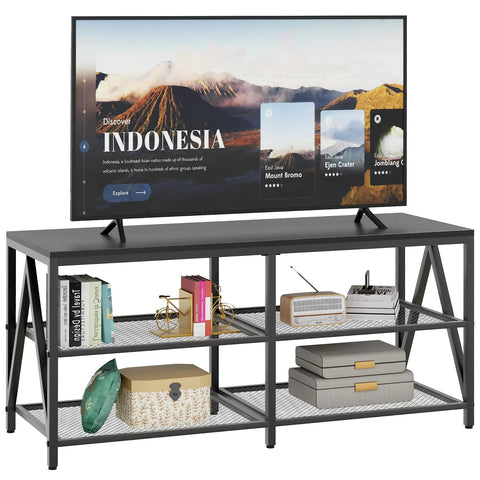 43" TV Cabinet with 3-Tier Storage with Industrial TV Metal Frame, Black Oak Frugal Finds Galore