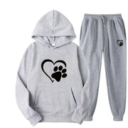 Dog print hoodie and pants set in gray, showcasing comfortable fabric and playful style.