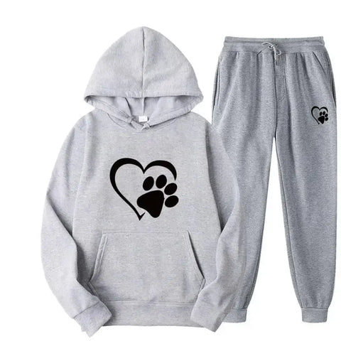Dog print hoodie and pants set in gray, showcasing comfortable fabric and playful style.