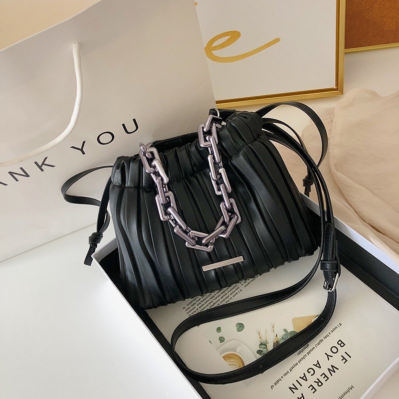Designer Women Drawstring Bucket Bag with Thick Chain Crossbody