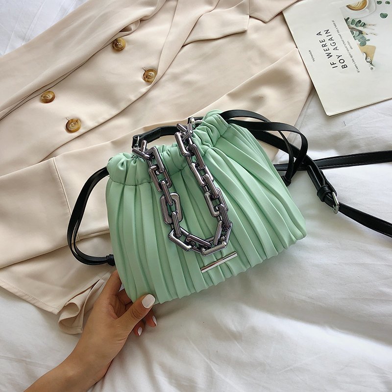 Designer Women Drawstring Bucket Bag with Thick Chain Crossbody