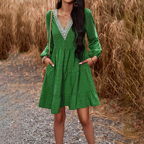 Fall Women's V-neck Long Sleeve Leisure Dress Frugal Finds Galore