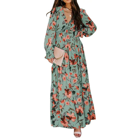 Women's V-Neck Loose Printed Long Sleeve Dress Frugal Finds Galore