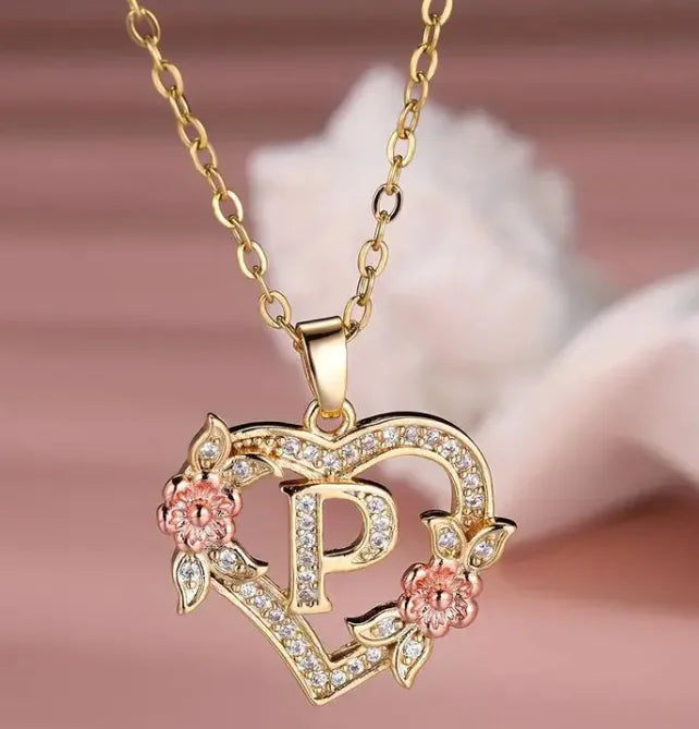 Heart Flowers Letter Necklace