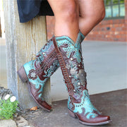 Chic embroidered lace-up mid-calf boots in blue PU leather with intricate details.
