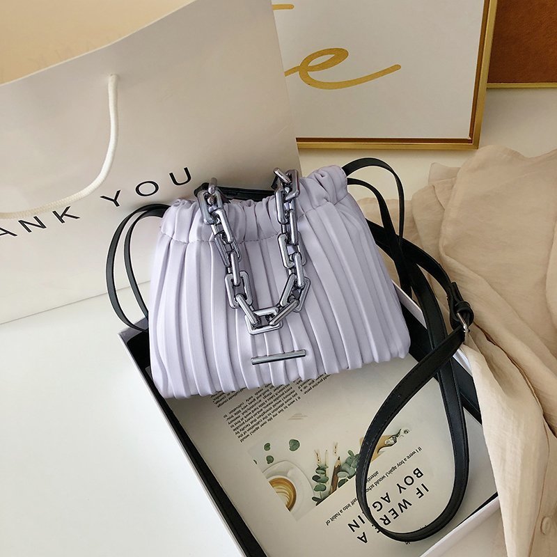 Designer Women Drawstring Bucket Bag with Thick Chain Crossbody
