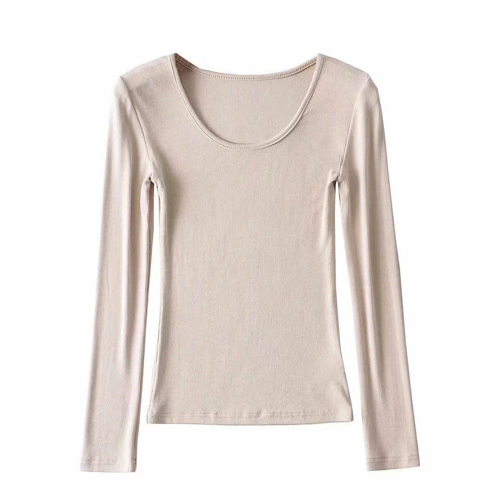Round Neck Stretch Slim Fit Long-sleeved T-shirt Women