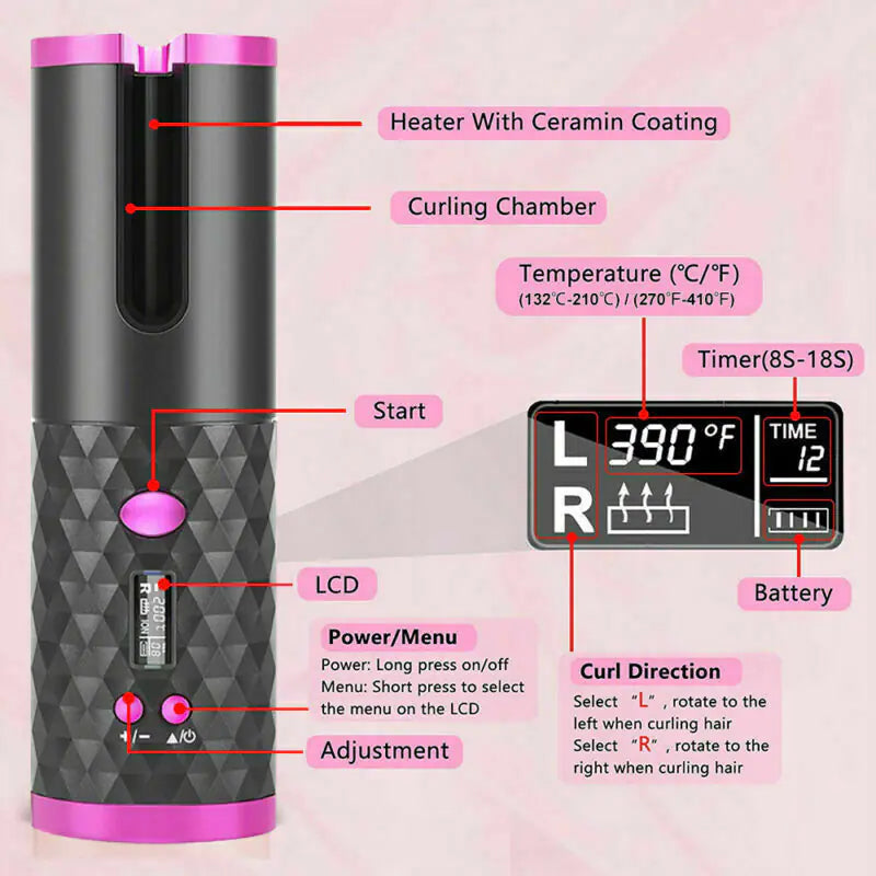 LCD Wireless Auto Rotating Curling Iron Ceramic