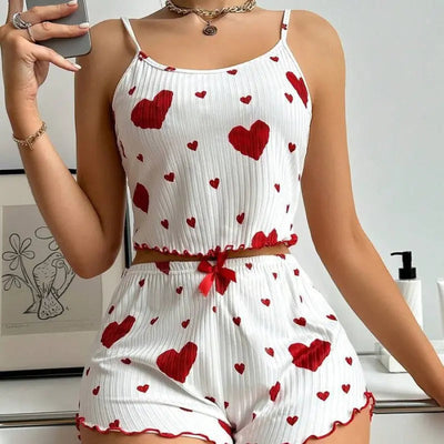 Heart Printing Suspender Shorts Casual Sunken Stripe Outerwear European And American Style Women Pajamas Frugal Finds Galore