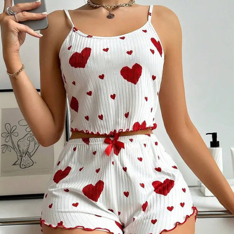 Heart Printing Suspender Shorts Casual Sunken Stripe Outerwear European And American Style Women Pajamas Frugal Finds Galore