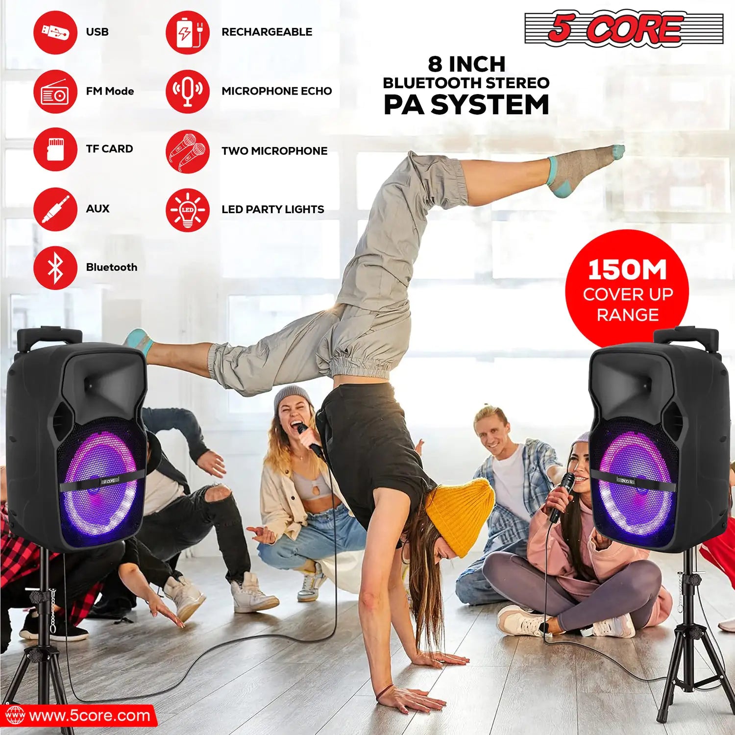 Portable Bluetooth Party Speaker Karaoke Boombox + 2 Wireless Mics