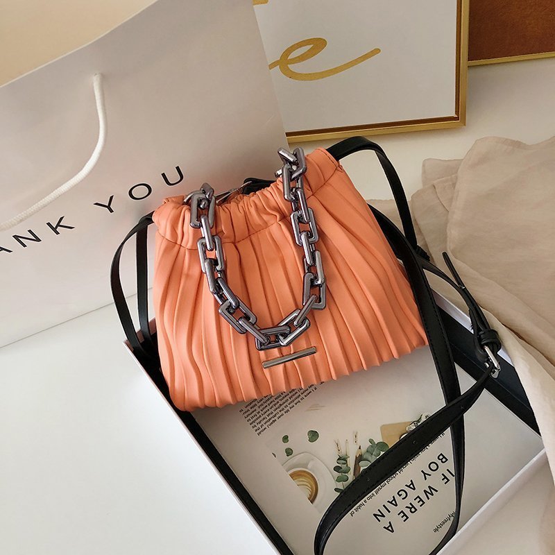 Designer Women Drawstring Bucket Bag with Thick Chain Crossbody