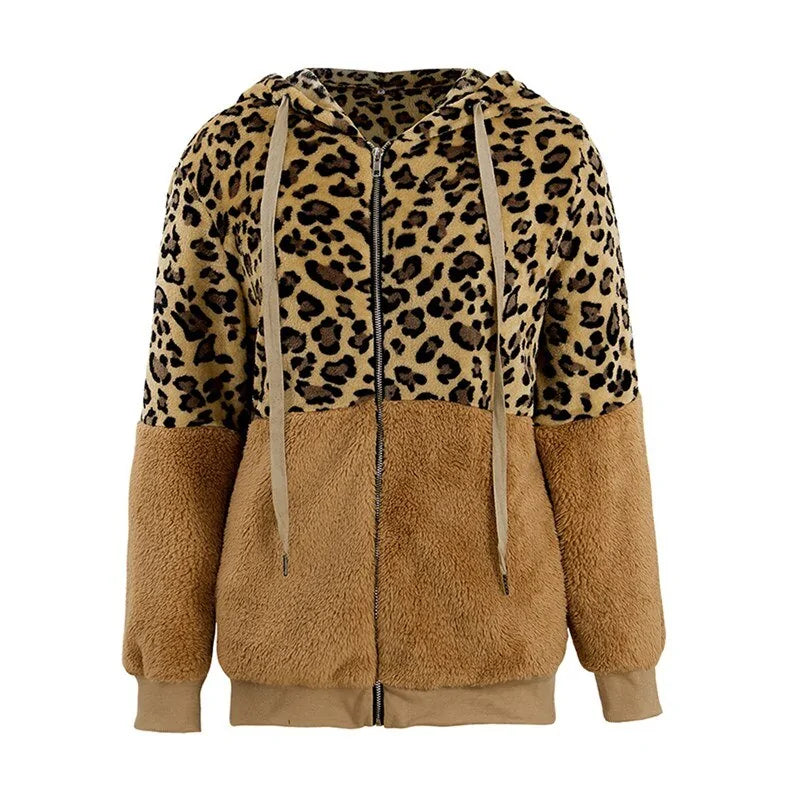 Abrigo con capucha de piel suave con estampado de leopardo