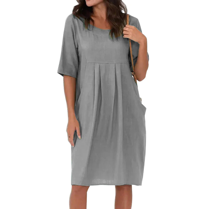 Cotton Linen Pleated Pocket Casual Loose Women's Dress