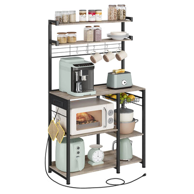 Bakers Rack with Power Outlet 35.4 Inches Microwave Stand Coffee Bar 4 AC Outlets with Adjustable Shelves 8 S-Hooks Frugal Finds Galore