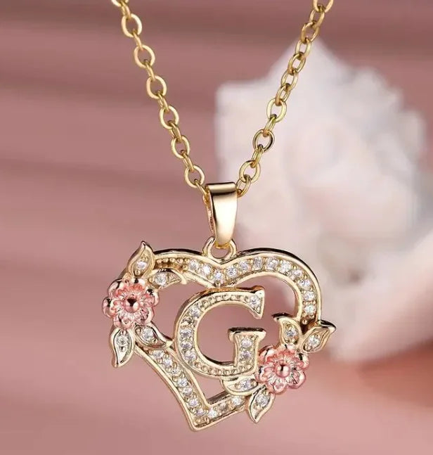 Heart Flowers Letter Necklace