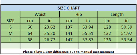 Size chart for the Natalia Dress showing measurements for waist, hip, and length in centimeters and inches for sizes S, M, and L.