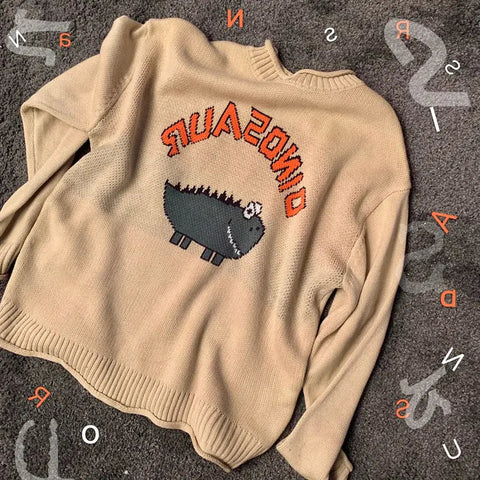 Cartoon Letter Sweater, Jacquard Dinosaur Sweater Frugal Finds Galore
