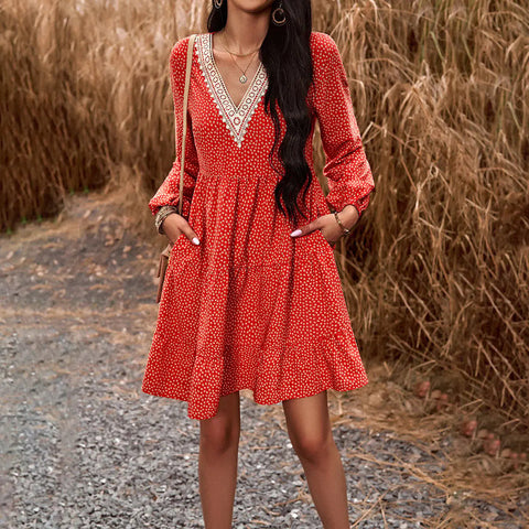 Fall Women's V-neck Long Sleeve Leisure Dress Frugal Finds Galore