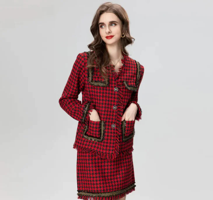 Houndstooth Tassel Short Coat with Skirt