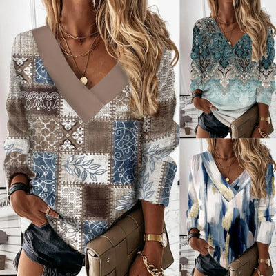 Women's Loose Floral V-neck Long Sleeve Sweater Frugal Finds Galore