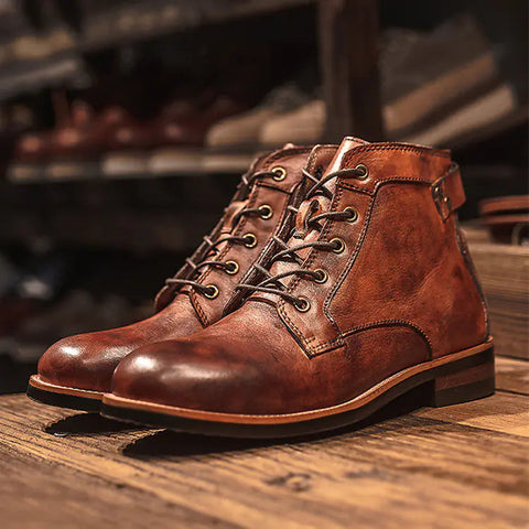 Men's Retro Lace-up Leather Ankle Motorcycle Boots Frugal Finds Galore