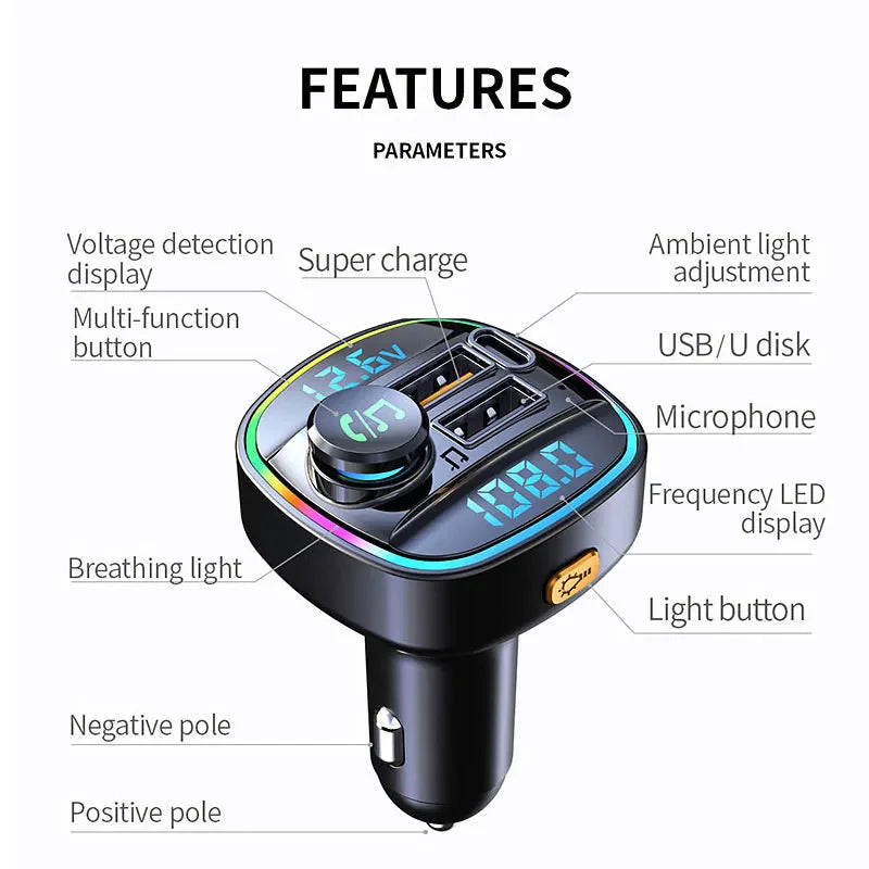 Adaptador transmisor FM inalámbrico para coche con Bluetooth 5.0, cargador USB PD, manos libres auxiliar