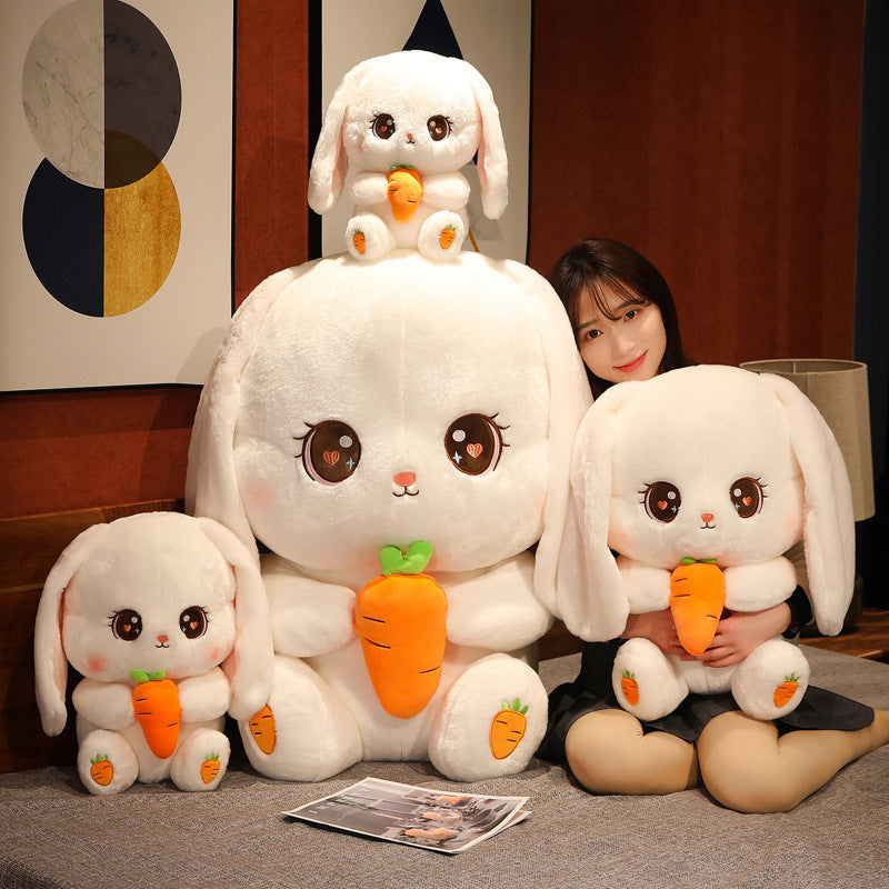 Cute Radish Rabbit Plush Toy Bunny Sleeping On Bed Holding Rag Doll