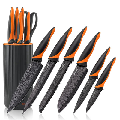 Knife Set 8 Pieces Colorful Kitchen Knife Set Non-stick Coating Stainless Steel Chefs Knife Sets with Universal Knife Block for Cooking Kitchen Chopping (Damascus Blade Black Block) Frugal Finds Galore