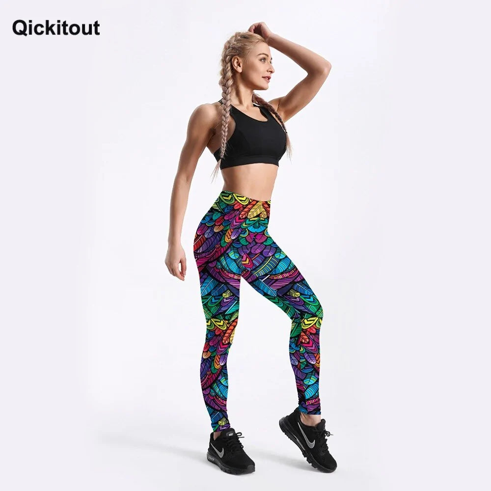 Pantalones deportivos de cintura media para mujer con estampado 3D de plumas de colores de Quickitout