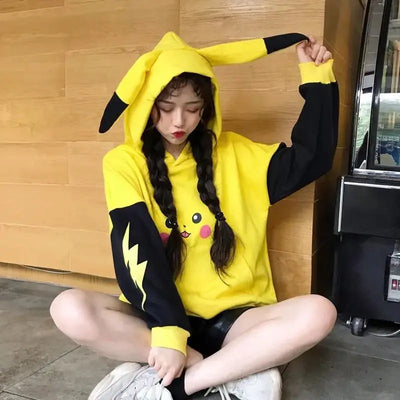 Cute Anime Pikachu Sweatshirt Hoodie featuring bright yellow color, iconic red cheeks, and playful ears.