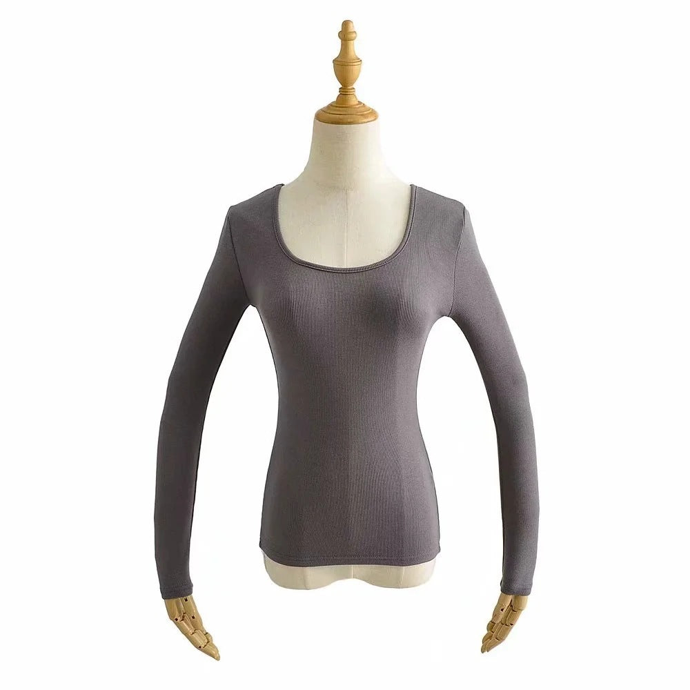 Round Neck Stretch Slim Fit Long-sleeved T-shirt Women