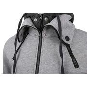 Men's double zipper hoodie jacket in gray featuring sporty style with black drawstrings.